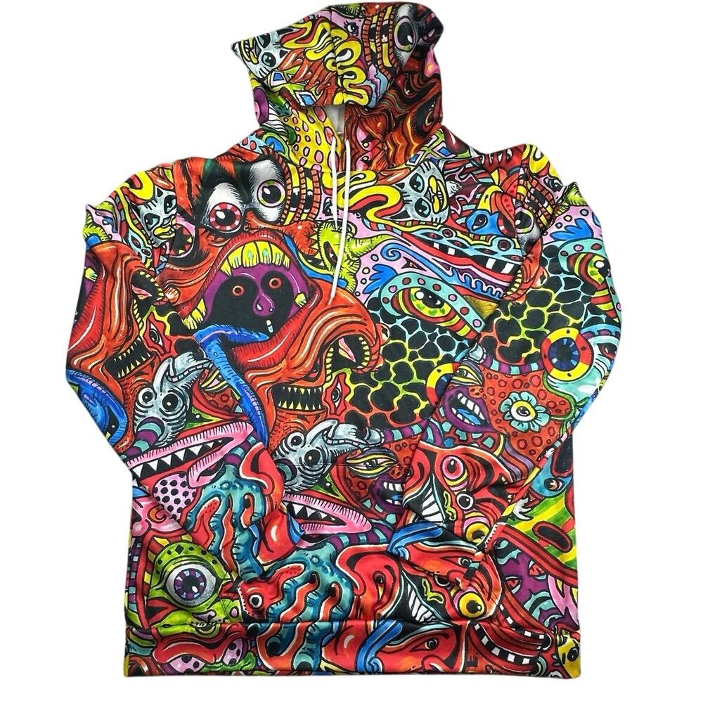 Trippy Cartoon Monster Hoodie Mens Medium 3D Graphic Psychedelic Print
